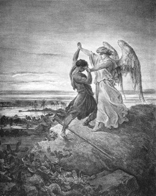 《雅各与天使摔跤》;古斯塔夫·多雷木刻画,1855年作品